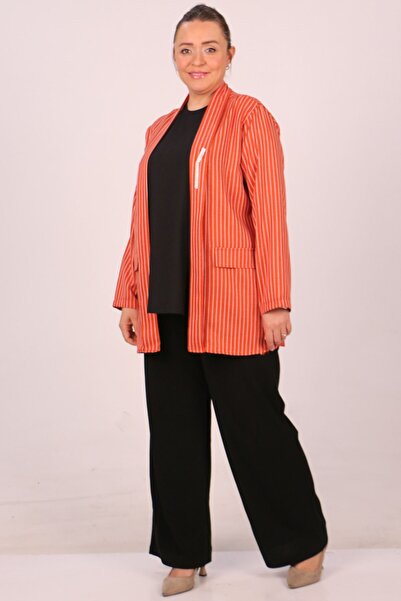 Eslina F-43021 Büyük Beden Çıkabilir Broş'lu Dokuma Kumaş Kısa Ceket-Çizgili ...