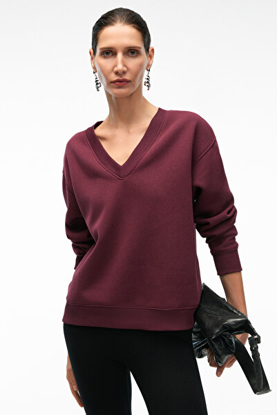 GRIMELANGE Arinel Women's V-Neck Regular Fit Burgundy Sweatshirt