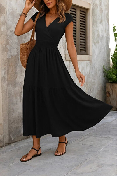 MODA فستان نسائي طويل بأكمام قصيرة وياقة مزدوجة وحزام مطاطي من قماش جيرسيه