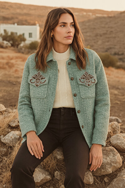 GZ Design Bakır Boncuk Işlemeli Mint Yeşili Yünlü Kaşe Ceket