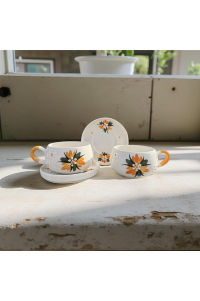 İlbay Çini Takı Dirty Yellow Crocus Flower Beren Plate Mug, 2 Mugs 2 Plates, Handcrafted Double Tea Coffee Cup