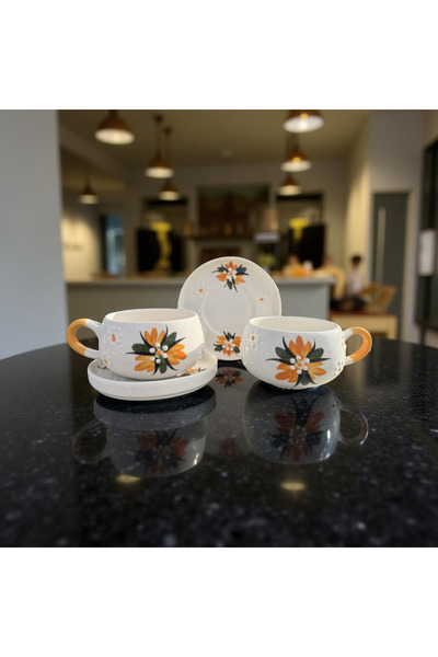 İlbay Çini Takı Dirty Yellow Crocus Flower Beren Plate Mug, 2 Mugs 2 Plates, Handcrafted Double Tea Coffee Cup
