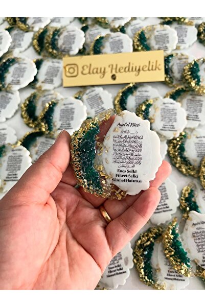 ELAY HEDİYELİK Yeşil Gold taşlı 20 Adet Epoksi Ayet’el kürsili magnet Mevlid ...