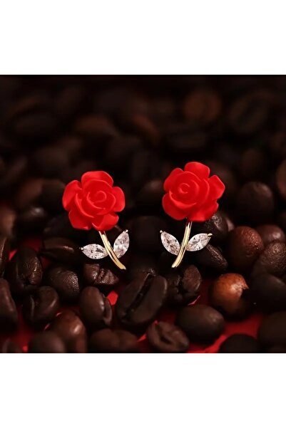 by Natalie New Red Rose Earrings Elegant and Fashionable Earrings Women's Earrings in European Style