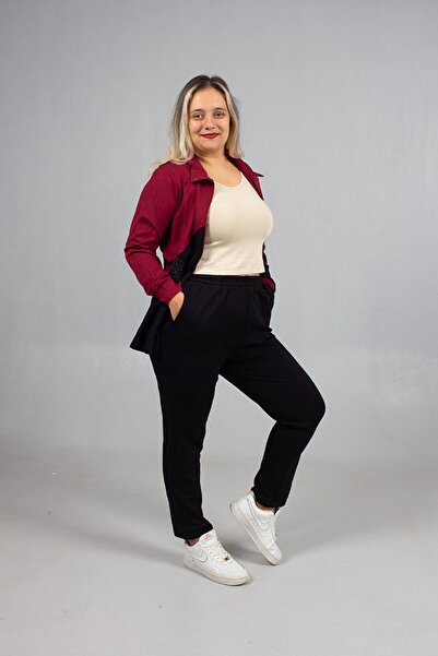 Truva XXL Stone Detailed Elegance! Plus Size Tracksuit Set Black & Burgundy