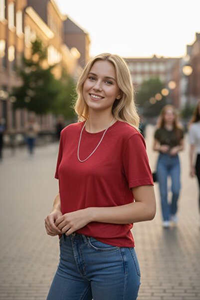 TRENDY Kırmızı kısa kollu yuvarlak yaka koyu kırmızı tişört