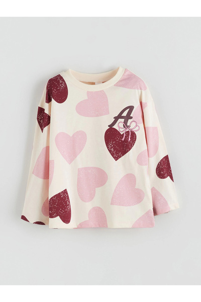 LC Waikiki LCW baby Ekru Bisiklet Yaka Kalp Baskılı Kız Çocuk Tişört