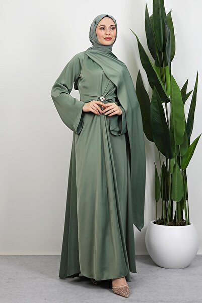 GİYZAMİLA Medusa Saten Abiye Soft Yeşil