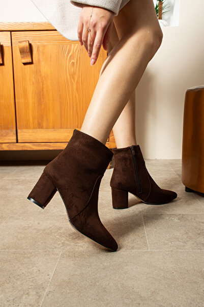 Parparastil Kadın Acı Kahve Süet Sivri Burun Kalın Topuklu Bootie