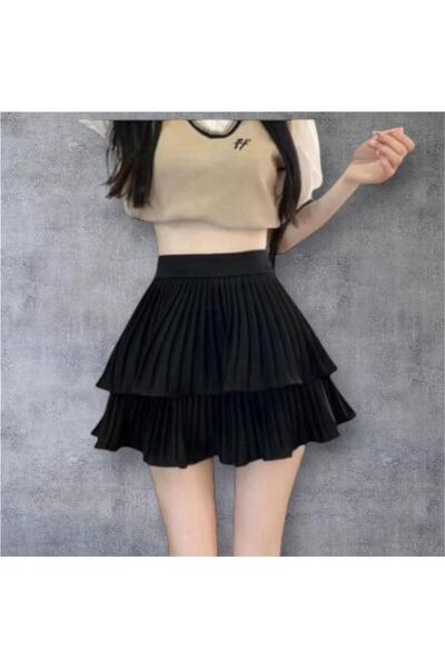 KOREA BLACK Pleated Skirt for Women High Waist Puffy A Line Mini Skirt
