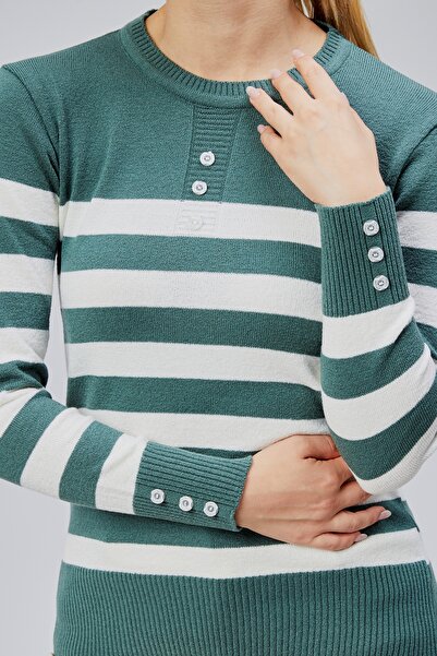 Jinx Wear Fashion Striped Wool Women's Trendy Knitwear Sweater with Collar and Cuff Button Detail
