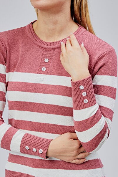 Jinx Wear Fashion Striped Wool Women's Trendy Knitwear Sweater with Collar and Cuff Button Detail