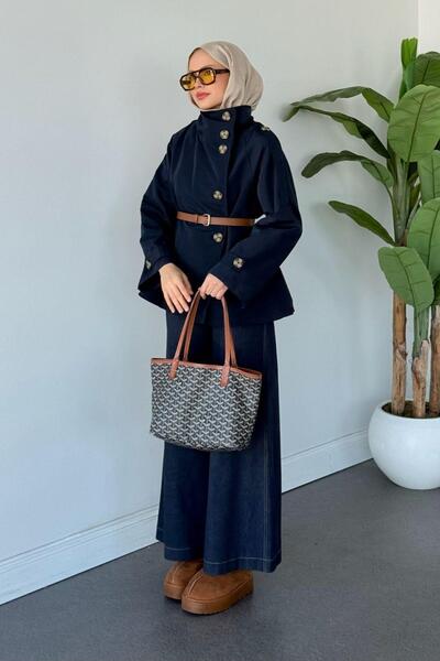 HAZA MODA Dik Yaka Trenç Lacivert