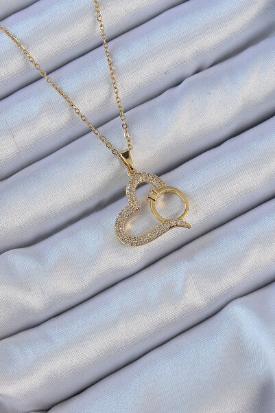 Mustran 316L Çelik Zincir Altın Renk Zirkon Taşlı Yüzüklü Kalp Kolye