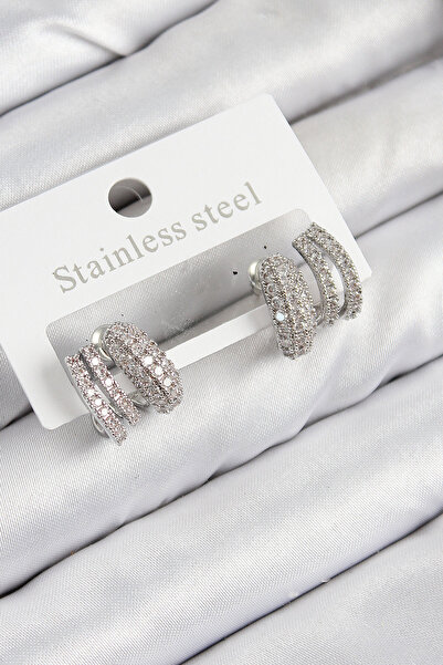 Mustran أقراط نسائية من حجر الزركون النحاسي موديل مجعد فضي اللون