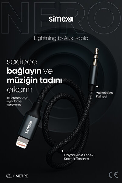 Simex Iphone 7 8 X 11 12 13 Pro Max Uyumlu Lightning 3.5mm Çevirici Örgülü Aux Ses Kablosu Stereo Destekli