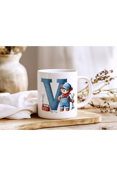 Beramussa Letter V Repairman Teddy Bear Figured Mug - Alphabet Letter Design with Denim Pattern - Men's Gift