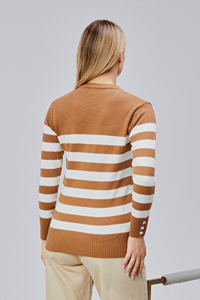 Jinx Wear Fashion Pulover de tricotaj pentru femei, cu guler și detaliu cu nasturi pe mâneci, în dungi, din lână