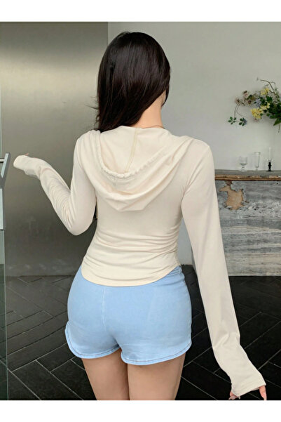 8line Ekru Parmak Detaylı Dar Kalıp Kapüşonlu Street Y2K Crop Hırka