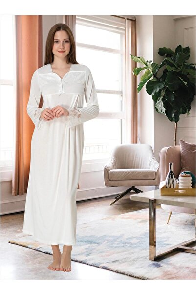 Lohusa Homewear Kadın Ekru Dantel Detaylı Uzun Kollu Tam Boy Hamile Lohusa Ge...