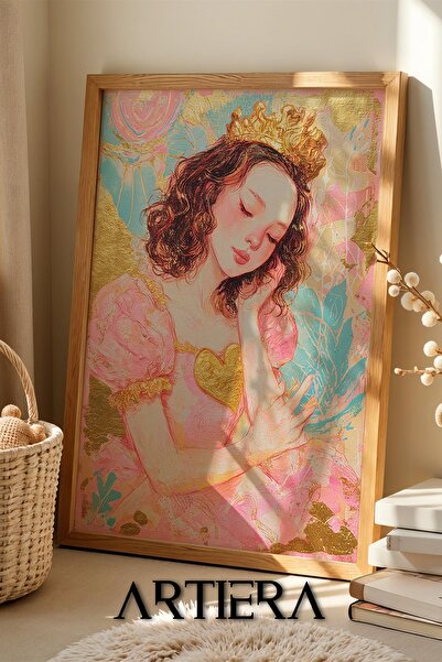 Artiera Princess Dream Heart Detailed Pink Dress Princess Girl's Room Wooden Painting