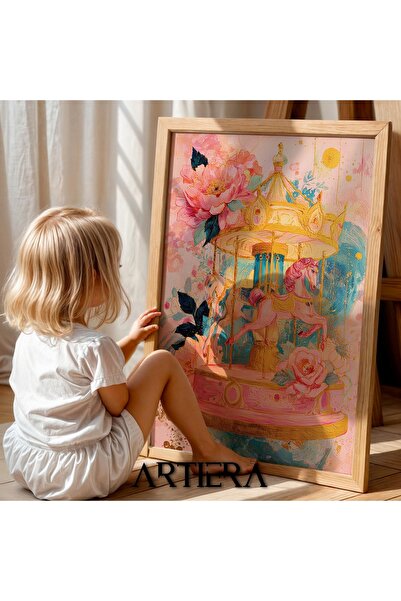 Artiera Princess Dream Pink Floral Carousel Girl's Room Wooden Painting