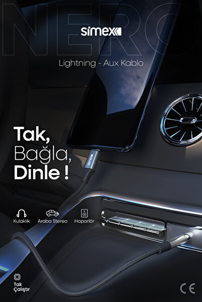 Simex Iphone 7 8 X 11 12 13 Pro Max Uyumlu Lightning 3.5mm Çevirici Örgülü Aux Ses Kablosu Stereo Destekli