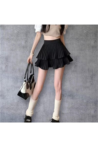 KOREA BLACK Pleated Skirt for Women High Waist Puffy A Line Mini Skirt