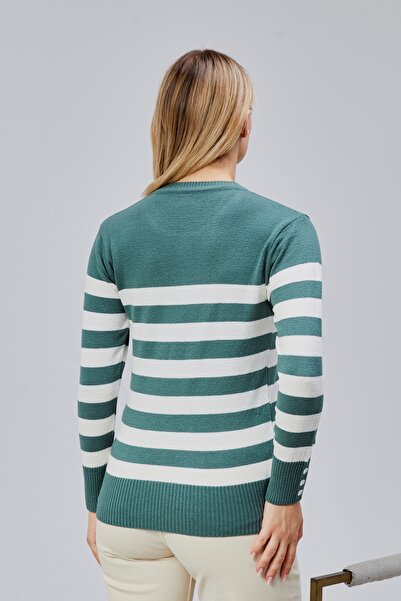 Jinx Wear Fashion Striped Wool Women's Trendy Knitwear Sweater with Collar and Cuff Button Detail