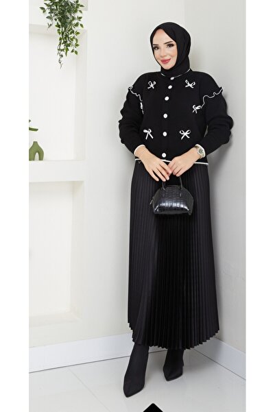 Nursay Triko Fiyonklu hırka pileli etek kombin