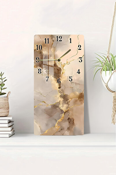kutuTR Bej ve Altın Damar Desenli Temperli Cam Tablo Saat – 30×60 cm HD UV Ba...