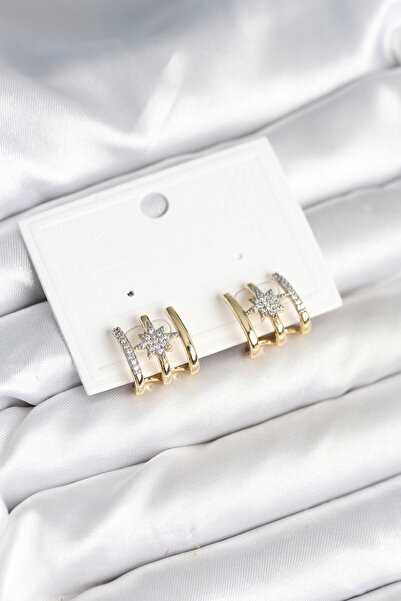 Mustran Rib Model North Star Detailed Gold Color Women's Earrings