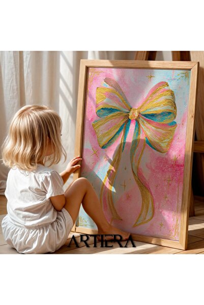 Artiera Prenses Rüyası Pembe Altın Fiyonk Kurdele Kız Çocuk Odası Ahşap Tablo