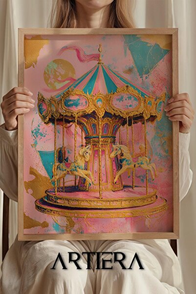 Artiera Prenses Rüyası Altın Atlıkarınca Kız Çocuk Odası Ahşap Tablo