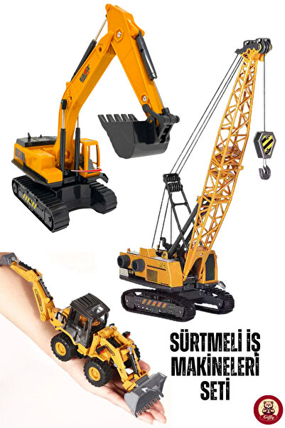 SCOWETTO مجموعة ألعاب مكونة من 3 قطع من آلات الأعمال، حفار، رافعة برجية، جرافة وجرافة في مجموعة واحدة، رأس معدني كامل