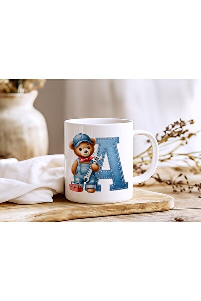 Beramussa كوب على شكل حرف A مع شكل دمية دب - تصميم حروف الأبجدية بنمط الدنيم ...