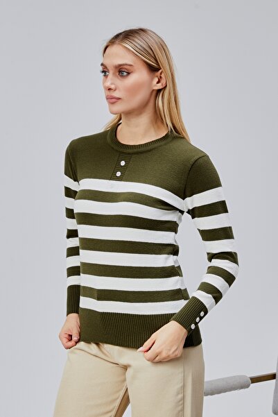 Jinx Wear Fashion Striped Wool Women's Trendy Knitwear Sweater with Collar and Cuff Button Detail