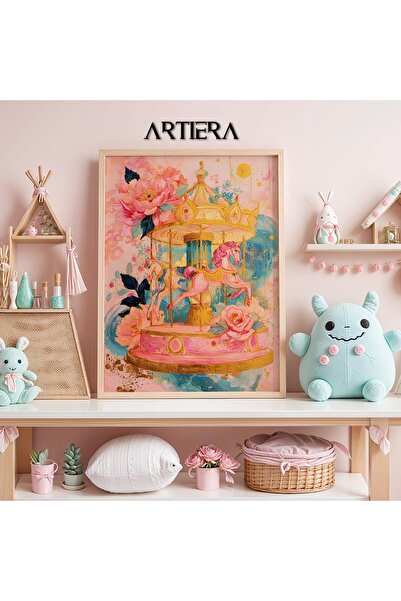 Artiera Princess Dream Pink Floral Carousel Girl's Room Wooden Painting