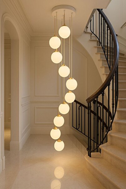 VENON Ventolim 50 Cm 10 Lambalı Lüks Sarkıt Beyaz Tepsi Mat Gold Gövde- Beyaz Glop Camlı MAX BOY 2 MT