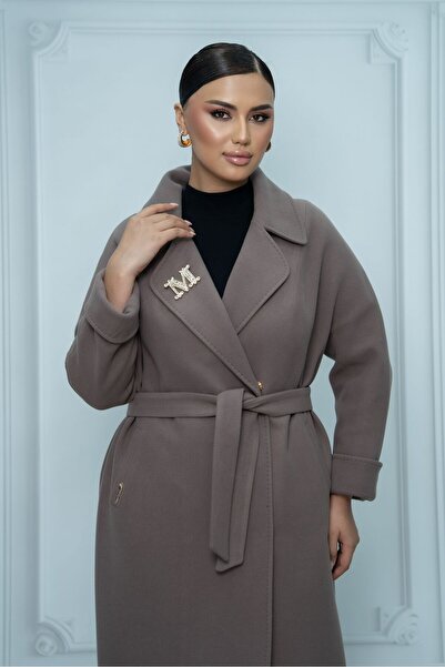 Eccim Fashion Büyük Beden Plussize Broşlu Sade Kruvaze Yaka Kemerli Uzun Kaşm...