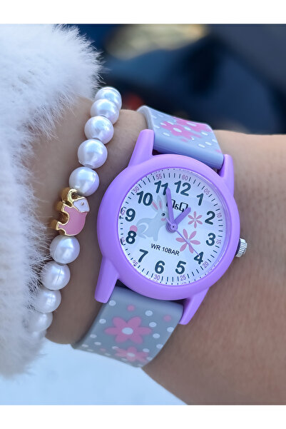 Q&Q Girl's Wristwatch, Gray Silicone Strap, Suitable for Pool and Sea Use at 10 Atm, Pearl Bracelet Gift