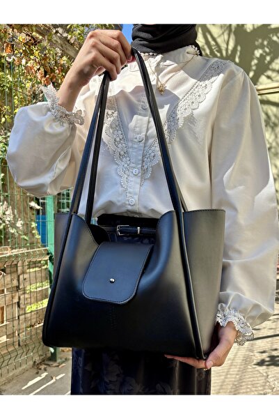 LİZZY BAG Geantă de umăr cu volum mare, cu închidere cu capsă, din piele artificială neagră Nova Tote