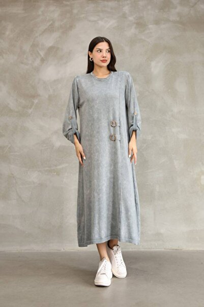 AYASOFYA OTANTIK Women's Gray Buckle Detailed Long Sleeve Vintage Loose Cotton Knitwear Dress