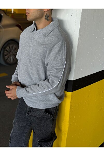 DARK MODA Men's Oversize Striped Polo Neck Button Sweatshirt