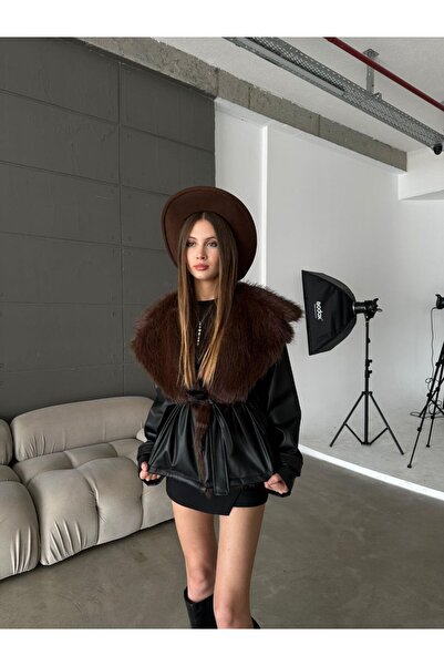 ZTO KADIN GENİŞ YAKA KÜRK DETAY DERİ ASTARLI CEKET