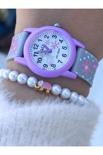 Q&Q Girl's Wristwatch, Gray Silicone Strap, Suitable for Pool and Sea Use at 10 Atm, Pearl Bracelet Gift