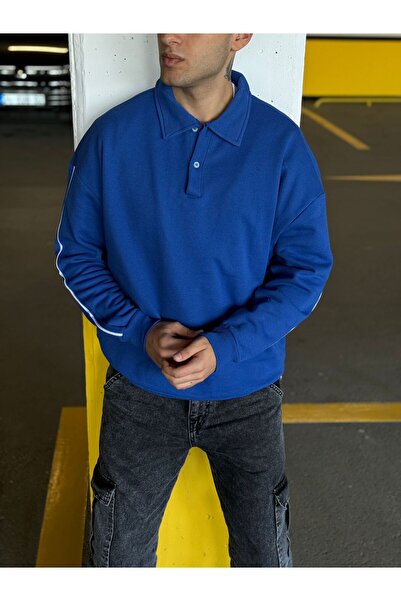 DARK MODA Ανδρικό φούτερ με oversized ρίγες με λαιμόκοψη πόλο με κουμπιά