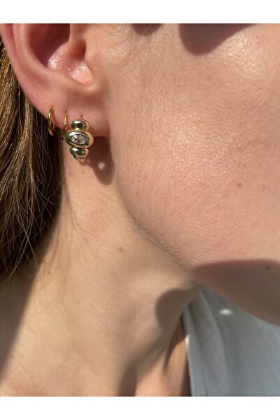 Hora Gömme Zirkon Detaylı Gold Çelik Halka Küpe