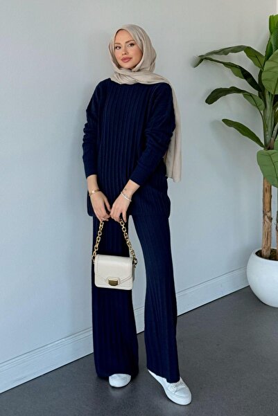 Hazamoda بدلة أنجورا فاخرة ذات خيوط مميزة باللون الأزرق الداكن