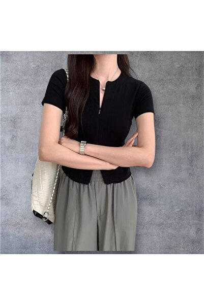 Korean BLACK style double zipper design short sleeve cardigan T-shirt slip top